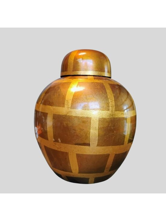 Round Modern Gilt Ceramic Ginger Jar With Geometric Design  Vintage Gold Gilt Ceramic Ginger Jar w Lid, Geometric Pattern 10\